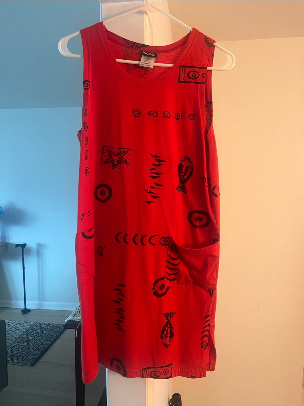 Ingear Red Sleeveless Mini Dress with Black Abstract Print